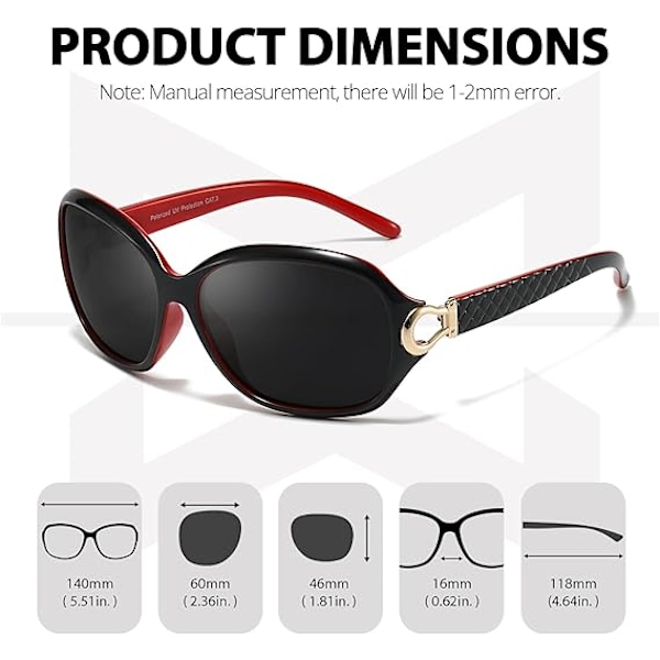 Polariserade solglasögon för kvinnor, trendiga överdimensionerade solglasögon mode dam solskydd anti-bländning UV400-skydd Black Red Frame Grey Lens