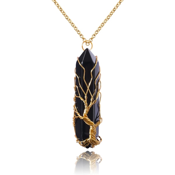 Helbredende krystalhalskæde Livets træ Wire Wrapped natursten spids vedhæng halskæde sekskantet Reiki spirituel kvarts ædelstens smykker til kvinder M Black Agate