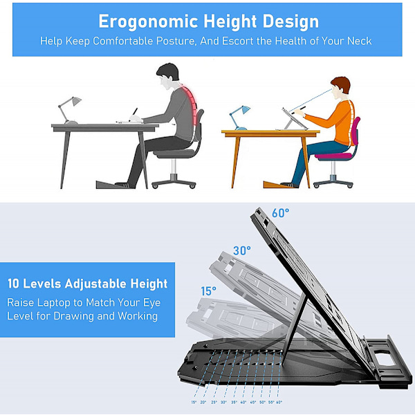 Tablet Stand, 10-Trins Justerbar Vinkel Tegnetablet Holder Foldbar Bordstand, Tablet Monitor, MacBook, Bærbar PC