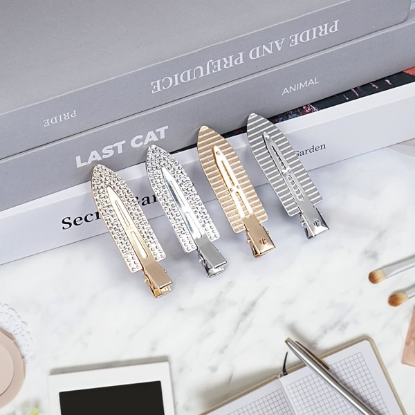 4 stk. hårklemmer med rhinsten - ingen bøjning - metal, skinnende styling, diamantskåret stiftklemme, ingen buler, ingen folder, hårklemmer, bling krølle stift spænde Silvery & Gold(4pcs)
