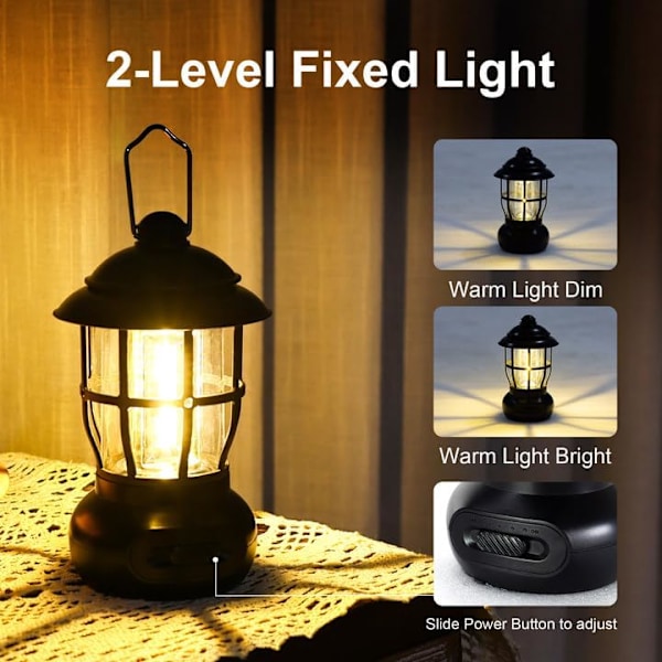 Ladattava LED-retkeilylyhty - 2 tilaa, Type-C IPX4 Vedenpitävä Ripustus katkoksille, piknikeille ja matkoille Black