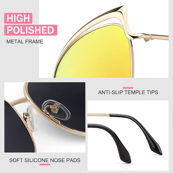Trendy Oversized Solbriller for Kvinner Polariserte Cat Eye Cute UV400 Beskyttelse Trendy Gold