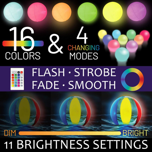 Oppustelig LED Light Up Beach Ball-fjernbetjening 16 lysfarver Boldbassinspil for voksne Børn til Beach Pool Party