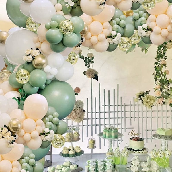 Salviagrön Ballongbåge Kit - 108 delar Grön och Vit Ballonggirlang med Beige Ballong Olivgrön och Guld Konfettiballonger för