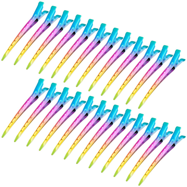 24 kappaletta ankannokkaklipsejä, 3,35 tuumaa ruostumattomasta metallista valmistettuja alligaattorikiharaklipsejä, joissa on reiät hiusten muotoiluun ja värjäykseen Gradient Rainbow