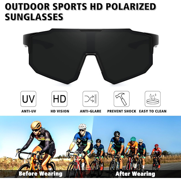 Polarisoidut urheiluaurinkolasit miehille ja naisille, ajamiseen, kalastukseen, pyöräilyyn, maastopyöräilyyn, UV400-suoja black Frame Gray Lens
