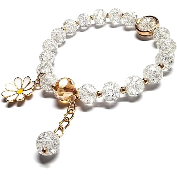 Glaserade Blommor Kristallpärlarmband 8mm Ädelsten Pärlarmband Stretcharmband med Blomma Armband för Kvinnor white