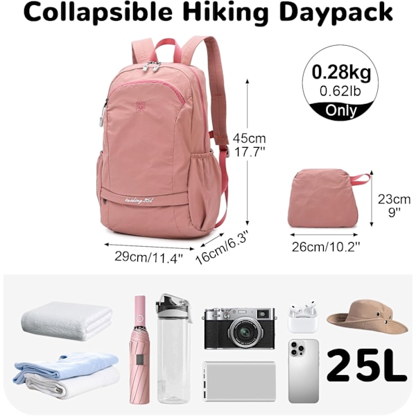 Foldbar, pakkebar vandrerygsæk - Våd - Tør adskillelseslomme, Multi - Formål Gym & Udendørs Daypack til mænd og kvinder Ideel til Adv Pink 29*16*45