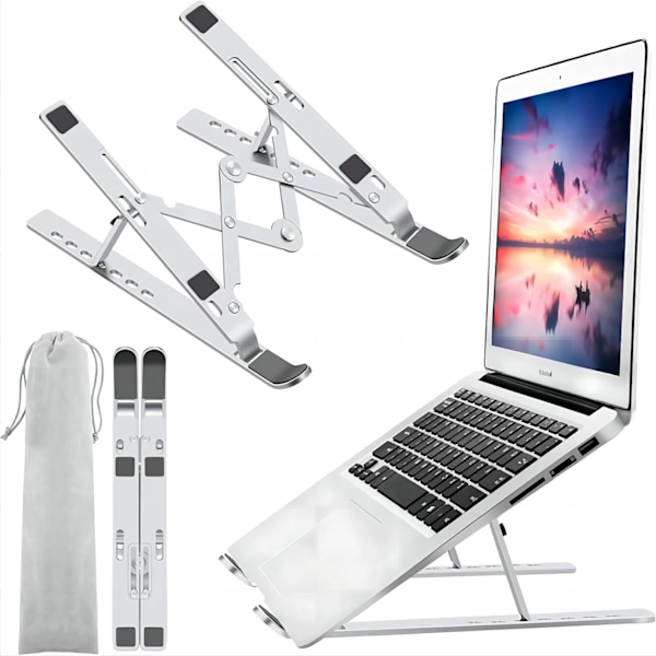 Ergonomiskt Justerbart Laptopställ för Bättre Hållning & Kylning, Vikbart & Portabelt, Passar De Flesta 10-15.6 Tums Laptops och Surfplattor, Per Silver