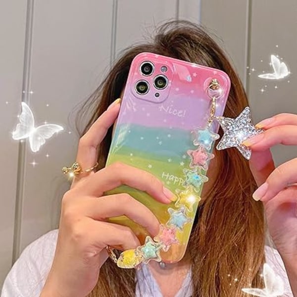 Gradient Regnbue Deksel Kompatibelt med iPhone 12 Pro Max Søt Kawaii 3D Krystall Fargerik Stjerne Håndstropp Design Myk TPU Beskyttende