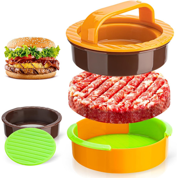 3-in-1 Burgeriprässi - Tarttumaton pihvimuotti täytetyille burgereille, slidereille ja kasvispihveille, helppo puhdistaa, grilliin ja keittiöön yellow