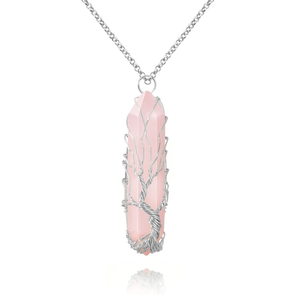 Helbredende krystallhalskjede Livets tre Wire Wrapped naturlig stein spiss anheng halskjede sekskantet Reiki spirituell kvarts edelsten smykker for kvinner M Rose Quartz Silver
