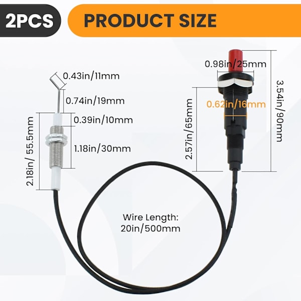 2-pak Trykknap Piezo Tænder Kit med 20-Tommer Ledning, Universal Gas Tændingsudskiftning til Grill, Bålplads, Ovn, Varmelegeme, Sort 2