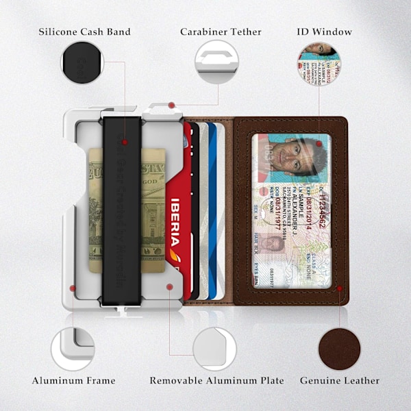 Taktisk minimalistisk plånbok för män, smal RFID-blockerande metallkortfodral, främre ficka herr läder Dapper Bifold plånbok med pengaclip Brown