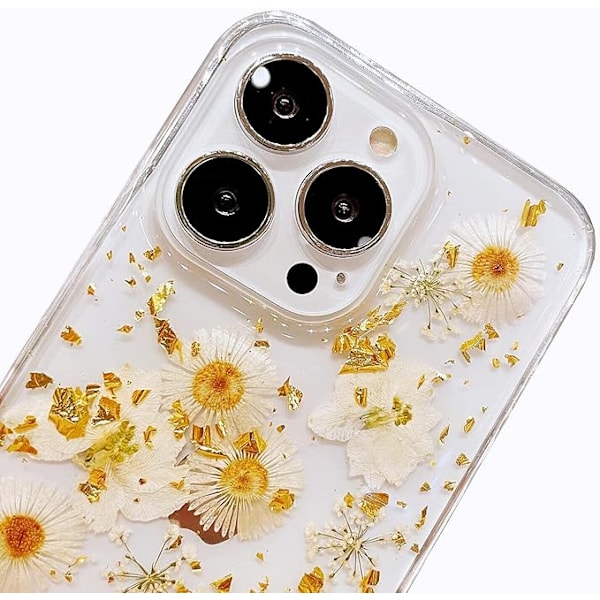 iPhone 13 Pro Max -kuori kukkakuvioilla, söpö kirkas glitter puristettu aito kukka päivänkakkara design pehmeä ohut suojaava kukka kuori naisille G