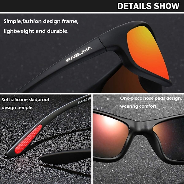 Polarisoidut urheiluaurinkolasit miehille pyöräilyyn, ajoon ja kalastukseen, 100 % UV-suoja Black Frame Red