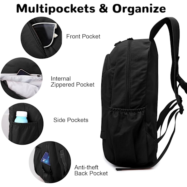 Foldbar, pakkebar vandrerygsæk - Våd - Tør adskillelseslomme, Multi - Formål Gym & Udendørs Daypack til mænd og kvinder Ideel til Adv Black 29*16*45
