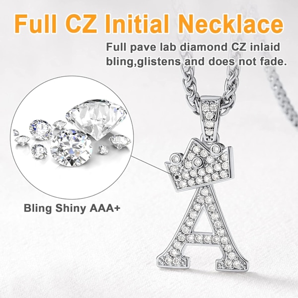 Krone Initial A-Z Halskjede, Iced Out Bokstavanheng med 22-24 Tommers Kjede, Menn Kvinner Bling Hip Hop Alfabet Navn Smykker Gave Store Initialer Halskjeder A Silver