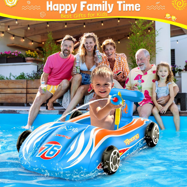 Oppustelig racerbil pool float med vandpistol - Sjov at ride på for børn i alderen 4 - 8, sommer udendørs swimmingpool legetøj til drenge og piger blue 47*10939cm