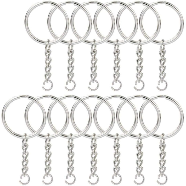 100 stk. 1 tommer/25mm split nøgleringe med kæde sølv nøglering, nøgleringe dele med åben springring og konnektor. 100Pcs