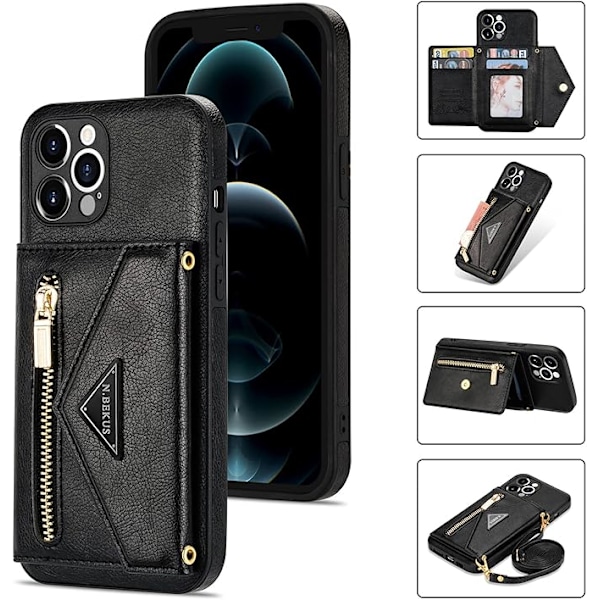 Plånboksfodral Crossbody för iPhone 13 Pro med Snodd Kreditkortshållare, PU Läder Skyddande Handväska Dragkedja Ställ