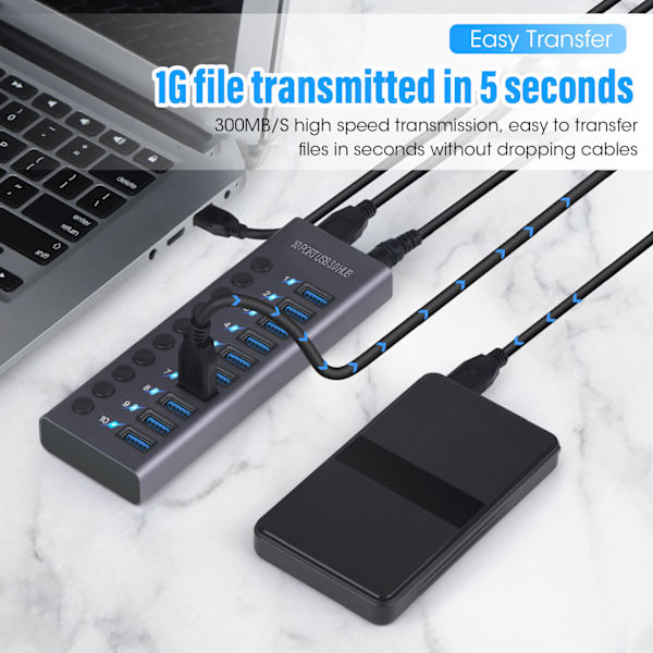 10-porters 60W USB 3.0-hub med individuelle strømbrytere LED-er i aluminiumlegering USB 3.0-dokkingstasjon 60W 12V 5A strømadapter 100-240V EU-plugg