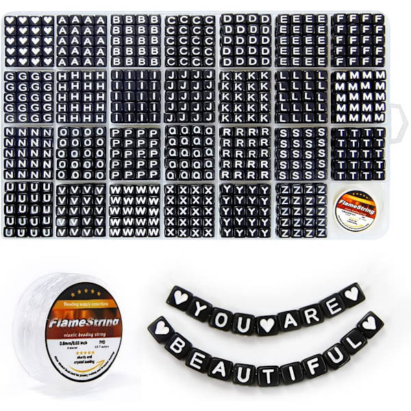 Perler, bogstavperler, alfabetperler i 28 gitterboks (6 x 6 mm (firkantet, stort hul), hvide bogstaver og sort bund)