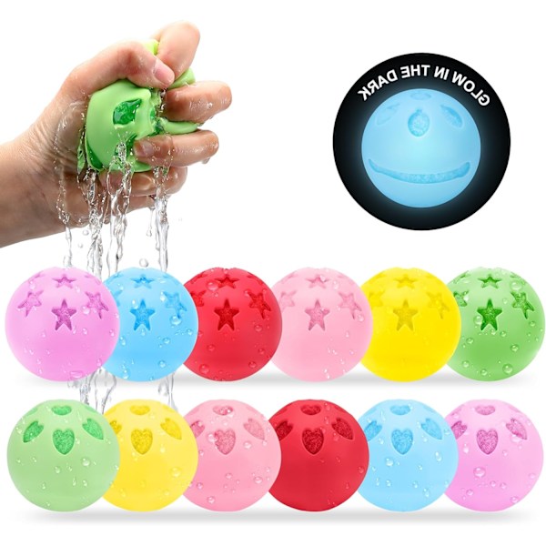 12-pack Självlysande Vattenballonger - Latex-fria Stänkbollar i Silikon för Utomhuslekar på Sommaren, Vattenlekar för Pool och Strand, Barn & Vuxna