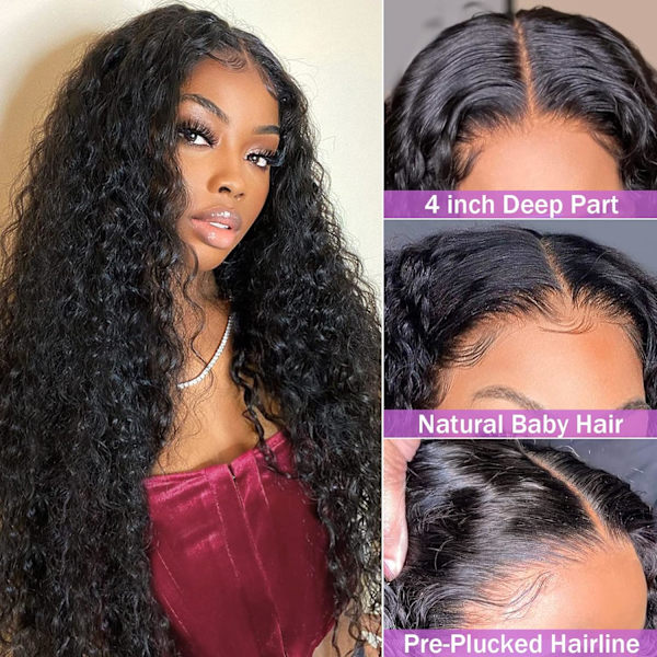 Deep Wave Lace Closure Parykker Menneskehår 180% Densitet Parykker til Sorte Kvinder 4X4 Transparent Lace Front Parykker Menneskehår Limfri Brasiliansk Vådt og Bølget Hår 26 Inch