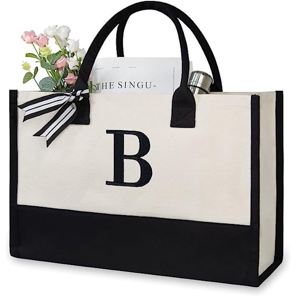 Brodert initial lerret tote bag, personlig gavepose, egnet for bryllup, bursdag, strand, ferie, er en flott gave til kvinner, mamma, venner B