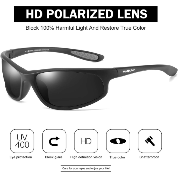Polariserte sportsolbriller for menn sykling kjøring fiske 100% UV-beskyttelse Black Frame Grey