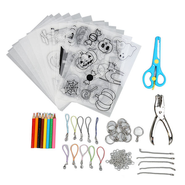 Värmeförminskningsplastark Kit Flersyfte DIY Krympkonst Kit med Hålslag Pennor Nyckelringar Saxar för Hantverk