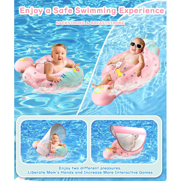 Baby Pool Float med UPF50+ Solskærm, Justerbart Sikkerhedssæde & Oppustelig Balance Halebold - 3-36 Måneder (Pink, L) pink 72*50