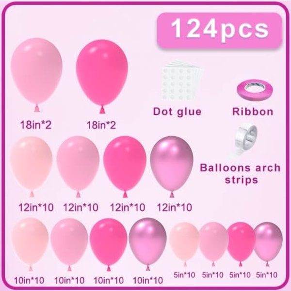 124 stk. lyserød ballonbue guirlande sæt, 18 tommer 12 tommer 10 tommer 5 tommer forskellige størrelser varm pink metallisk pink balloner til lyserød fest, bryllup, babyshower, prins Pink