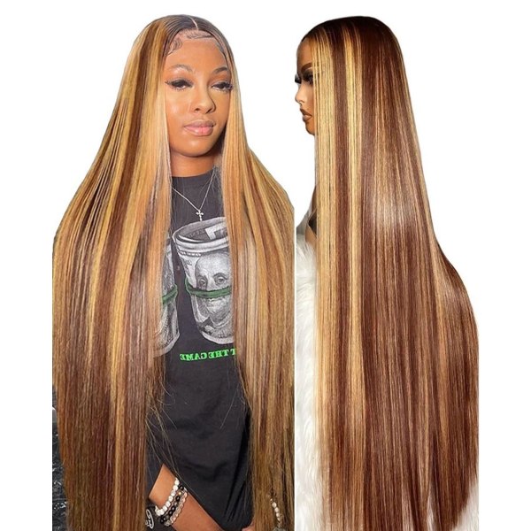 32 tommer Highlight Ombre Lace Front Paryk Menneskehår 180% Densitet 13x4 Hd Transparent Lace Front Parykker Menneskehår Honning Blond 4/27 Highlight Lace Front Frontal Ombre Highlight Wig 32 Inch