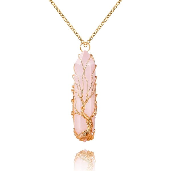 Helbredende Krystal Halskæde Livets Træ Wire Wrapped Natursten Spids Vedhæng Halskæde Hexagonal Reiki Spirituel Kvarts Edelsten Smykker til Kvinder M Rose Quartz