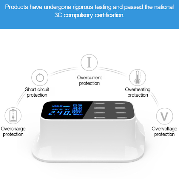 8-porters USB-ladestasjon Hurtiglading Port USB-ladestasjon med LED-skjerm for flere enheter Smarttelefoner Nettbrett 100-240V EU-plugg