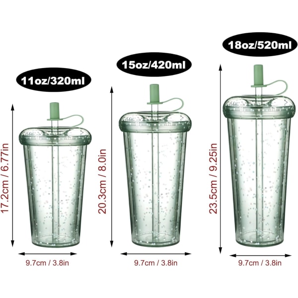 Halmkopp med lock - 420 ml dubbelväggig plastglas Travel Iced Coffee Mug Klar kall- och varmvattenkopp - grön