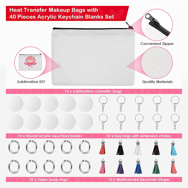 Sublimering Kosmetisk Väska Blanks Set DIY Termisk Transfer Blank Kosmetisk Väska Runda Akryl Nyckelringar Tassels Kit