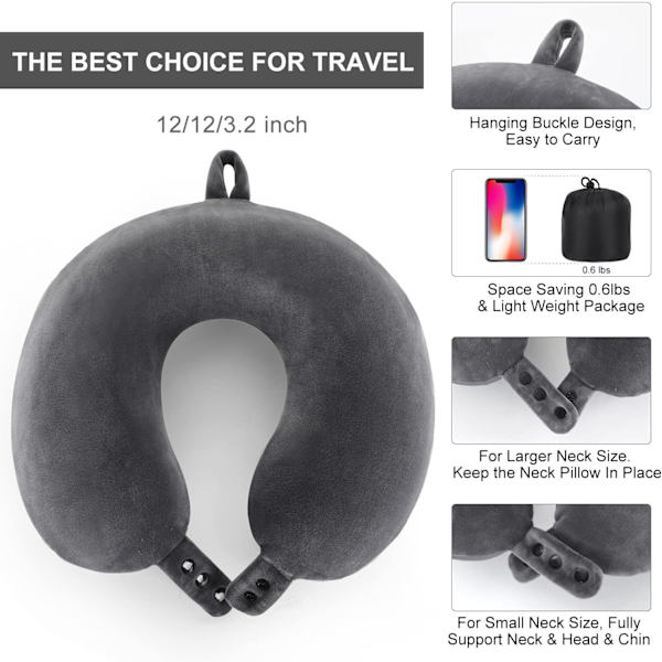 Rejse nakkepude, bedste memory foam flypude til hovedstøtte blød justerbar pude til fly, bil og hjemmets lænestol brug (grå) Grey