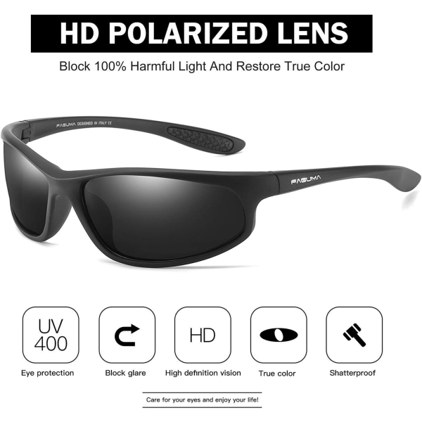 Polariserte sportsolbriller for menn sykling kjøring fiske 100% UV-beskyttelse Black & black