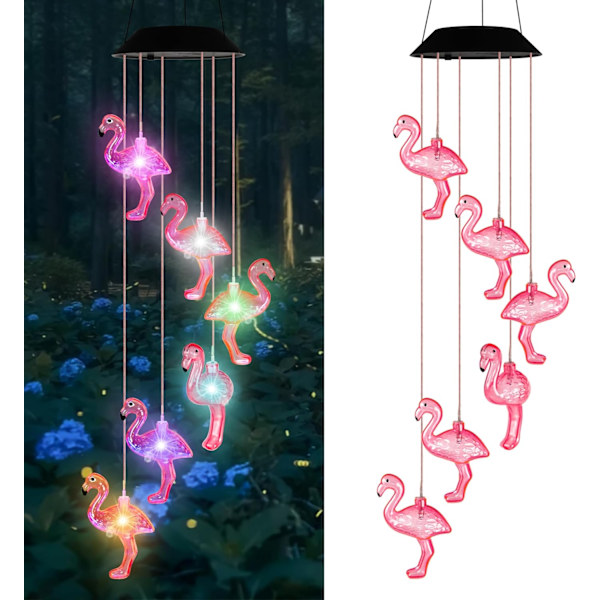Solardrivna Flamingovindspel med färgskiftande ljus - Utomhusdekor för trädgård, uteplats, gård Flamingo