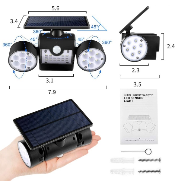 IP65 Vattentät Solcellslampa Utomhus Rörelsesensor Ljus med 3 Huvuden Solcells Trådlös Utomhus Väggstrålkastare