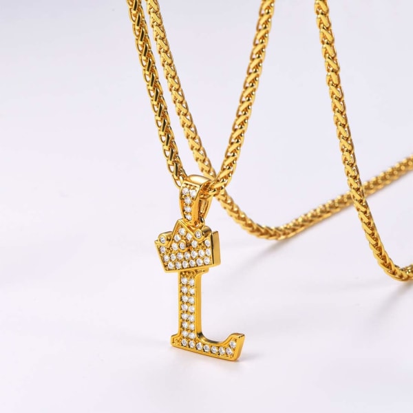 Krone Initial A-Z Halskjede, Iced Out Bokstavanheng med 22-24 Tommers Kjede, Menn Kvinner Bling Hip Hop Alfabet Navn Smykker Gave Store Initialer Halskjeder L 18K Gold