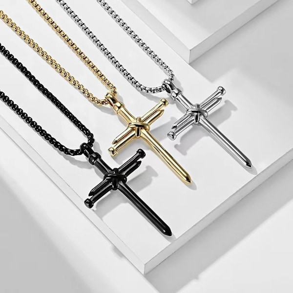 Korshänge för män Korshänge STYRKA Bibelvers Halsband i rostfritt stål Nail Black Cross