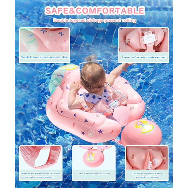 Baby Pool Float med UPF50+ Solskærm, Justerbart Sikkerhedssæde & Oppustelig Balance Halebold - 3-36 Måneder (Pink, L) pink 72*50