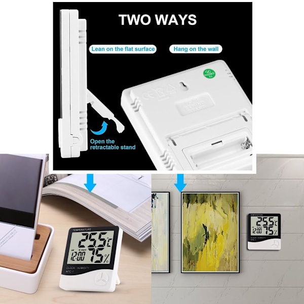 Indendørs digitalt termometer hygrometer, nøjagtig stuetemperaturmåler fugtighedsmåler med vækkeur - let at læse, maks./min.-registreringer, LCD-display