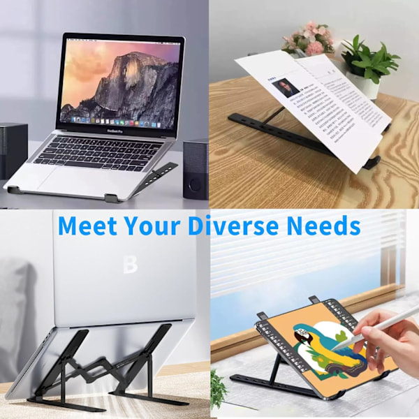 Ergonomisk Justerbar Laptop Stand for Bedre Holdning & Køling, Foldbar & Bærbar, Passer til de fleste 10-15,6 Tommer Laptops og Tablets, Per Black
