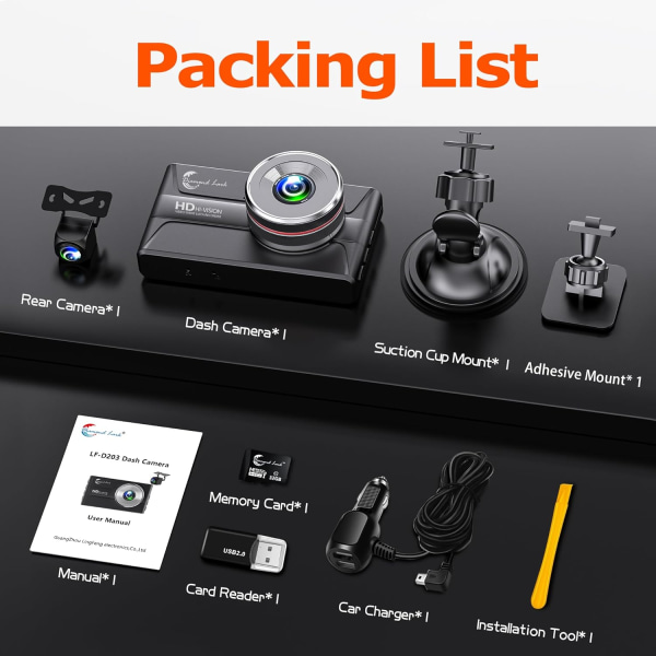 1080P Dash Cam fram och bak med 32 GB SD-kort, dubbel dashkamera för bilar, 3” IPS-skärm Dashcam med typ-C-port, WDR, G-sensor, loop-inspelning, 24 timmars T