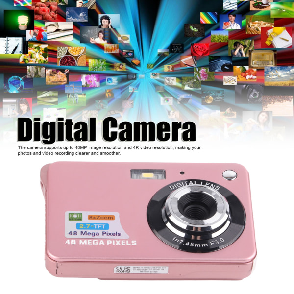 4K digitalkamera 48MP 2,7 tommers LCD-skjerm 8x zoom anti-shake vloggingkamera for fotografering kontinuerlig fotografering Pink